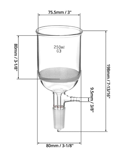 QWORK 250ml Buchner Funnel, Borosilicate Glass Buchner Filtering Funnel with 24/40 Standard Taper Inner Joint, Medium Frit (G3) Lab Glassware with Vacuum Serrated Tubulation