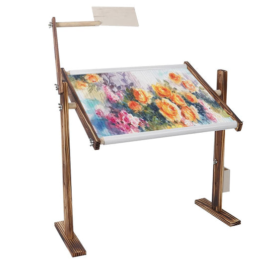 Adjustable Wooden Cross Stitch Frame Stand with Scroll Bar & Side Pocket - Pine Embroidery Desktop Holder for Sewing Craft Tools (120 Characters)