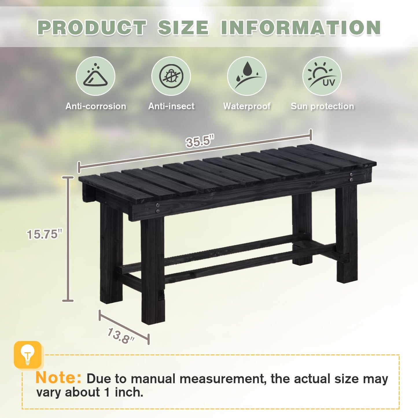 LSPYYDS Outdoor Garden Bench, 2-Person Wood Patio Bench Weatherproof Outdoor Backless Bench, Anti-Corrosion and Anti-Rust Garden Benches for Garden Lawn Porch Park Backyard (Black,35.5''/90cm)