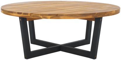 SAFAVIEH Outdoor Collection Leo Natural/Black 4-Leg Round Coffee Table, Ideal for Deck, Patio, Backyard, Sunroom