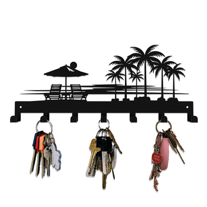 useNumber Tropical Style Key Holder Wall Mount with 7 Hooks, Key Hanger Organizer for Front Door, Hallway, Entryway & Office Decor, Featuring Sunset and Coconut Tree Design