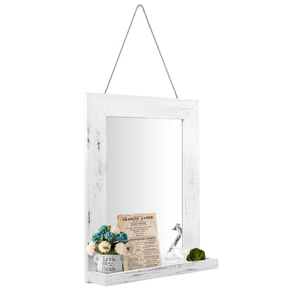 QDSSDECO 16"×20" Wall Mirror with Shelf Farmhouse Decor Rectangular Mirror Hanging for Bathroom, Vanity, Bedroom, Entryway, Living Room,White with Hemp Rope