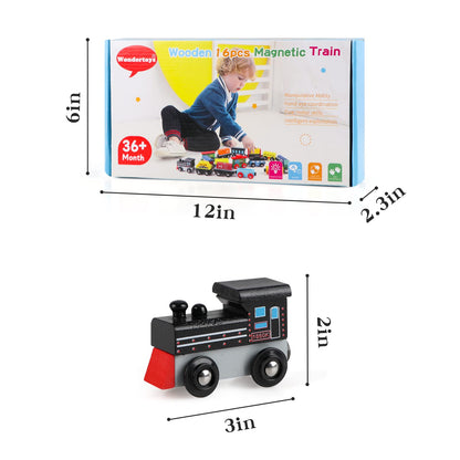Wondertoys Wooden Train Set 16 PCS Train Toys Magnetic Set Includes Storage Bag - Wooden Track Accessories - Wooden Magnetic Car Set for Toddlers Kids Boys and Girls