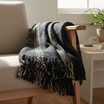 Plaid Black & Tan Fringed Woven Cotton Blend Throw