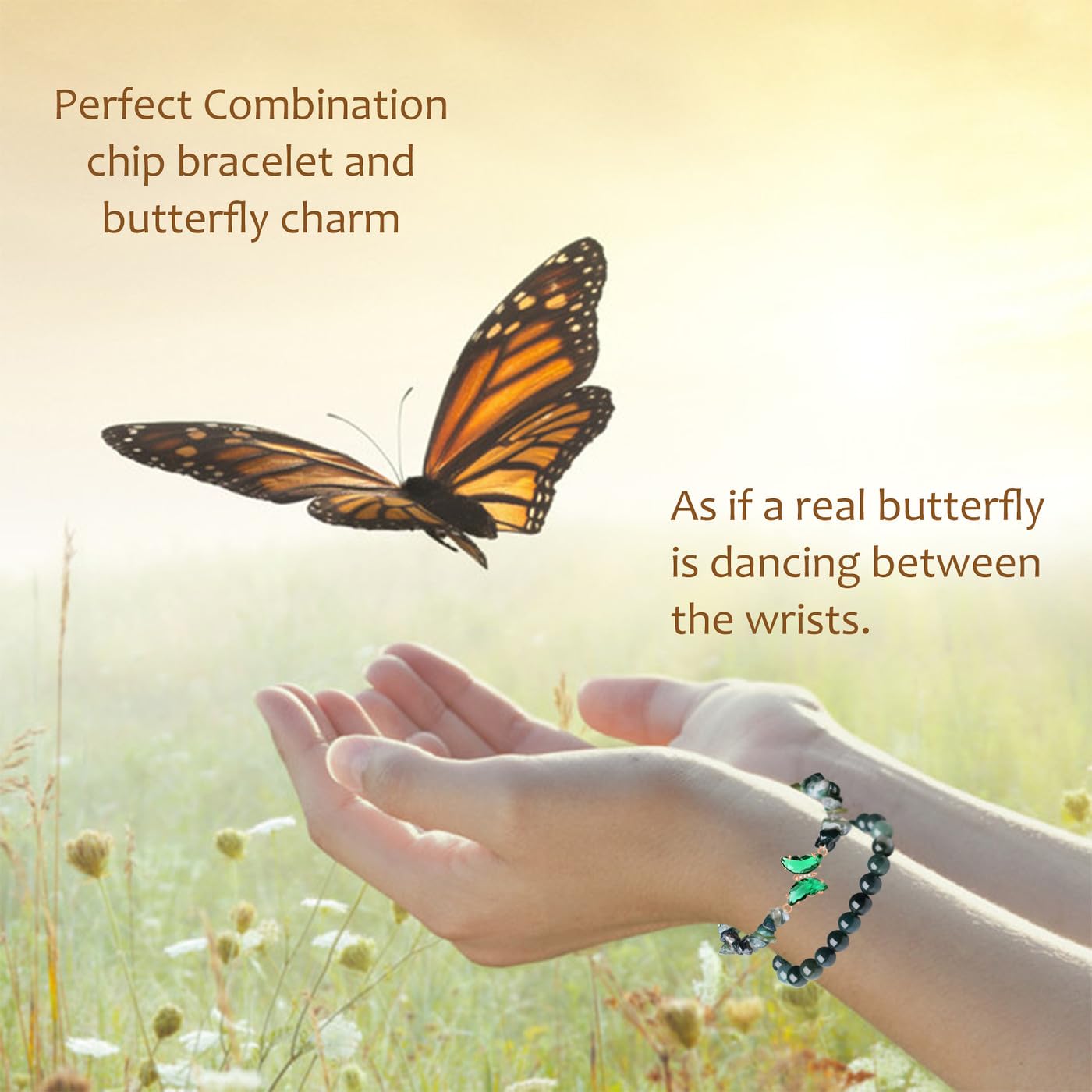 DUQGUHO 2Pcs Butterfly Bracelets for Women Moss Agate Bracelets Green Healing Crystal Bracelet Natural Gemstone Stretchable Jewelry 8mm Beaded Bracelet Gifts for Women