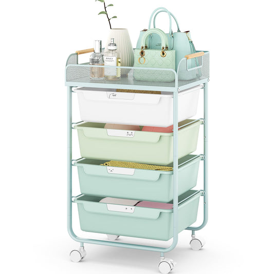 SYKIARIOL 4-Drawer Rolling Storage Cart with Mesh Top, Utility Craft Organizer Cart on Wheels with DIY Labels, Rolling Drawer Cart for Home Office Classroom Bedroom, Green