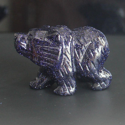 HLbshi Hand Carved Gemstone Crystal Bear Figurine Animal Statue Carving Office Home Decor Collections 2'' (Blue Goldstone)