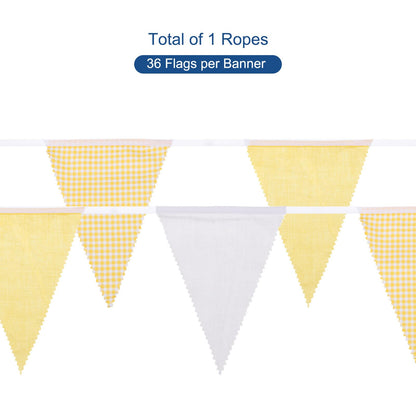 MECCANIXITY 33ft Yellow White Plaid Checkered Pennant Banner, 36 PCS Triangle Flags Fabric Bunting Banner for Birthday Wedding Outdoor Garden Decor