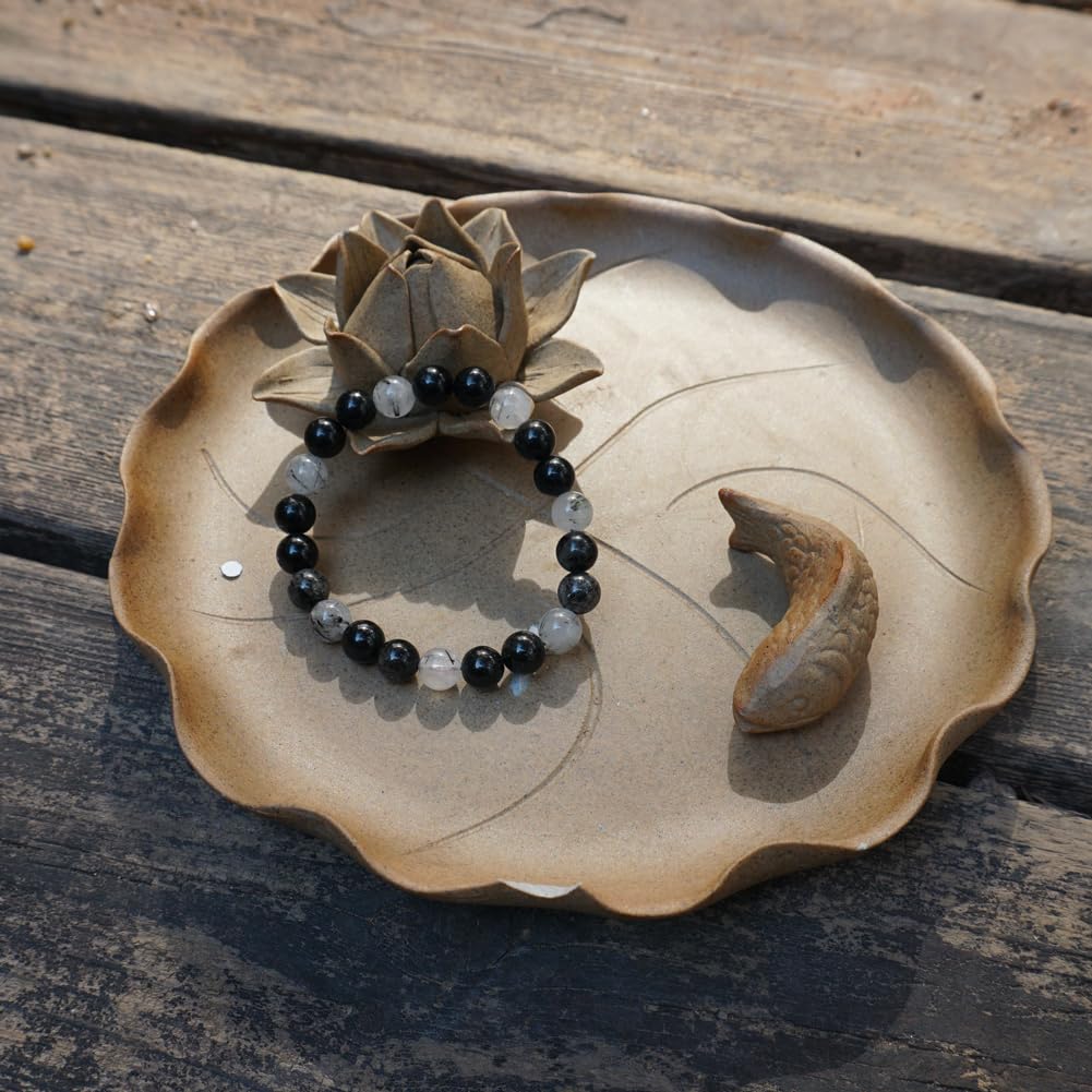 TaHLga 8MM Black Rutilated Quartz Bracelet | Natural Rutilated Quartz Gemstones | Bring Luck Wealth Courage | Protection from Evil | Gift