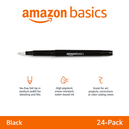 Amazon Basics Felt Tip Marker Pens, Black, Smooth Writing, for Writing, Drawing, Journaling and Note Taking, 24-Pack