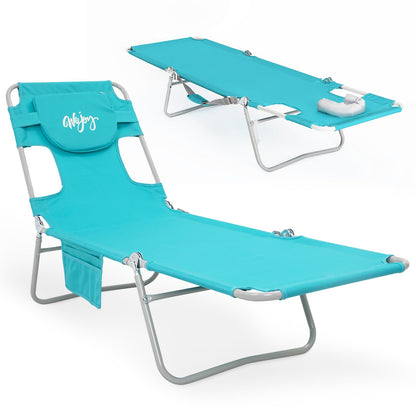 #WEJOY Folding Tanning Chair with Face Hole, 5 Positions Face Down Beach Lounge Chairs with Pillow for Outside Sunbathing Poolside (Cyan)
