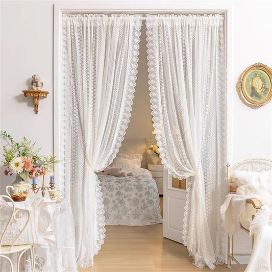 AiFMQQ Romantic White Lace Sheer Curtains for Living Room Bedroom Elegant Hollow Floral Lace Light-Filtering Tulle Drapes for Window Rod Pocket Top 2 Panels (W63 L84 inch,White)