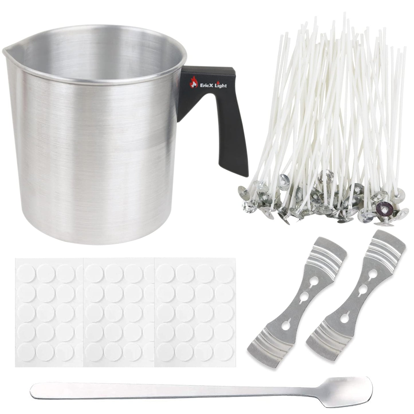EricX Light Candle Making Kit, 60pcs Candle Wicks, 60pcs Candle Wicks Sticker, 1pc Candle Wax Pouring Pot, 2pcs 3-Hole Wicks Centering Devices, 1pc Mixing Spoon, DIY Candles Craft Tools