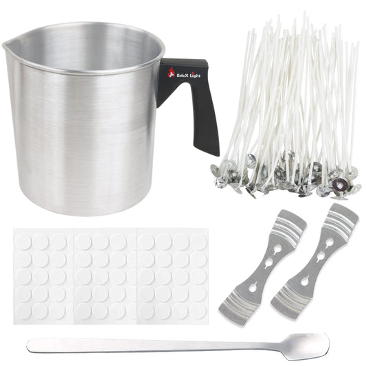 EricX Light Candle Making Kit, 60pcs Candle Wicks, 60pcs Candle Wicks Sticker, 1pc Candle Wax Pouring Pot, 2pcs 3-Hole Wicks Centering Devices, 1pc Mixing Spoon, DIY Candles Craft Tools