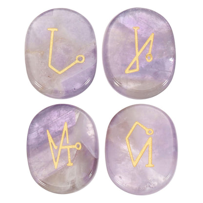 MECCANIXITY 4Pcs Engraved Chakra Stones with Reiki Symbols, Amethyst Reiki Healing Crystal Gemstone 7 Chakra Crystal Stones Tumbled Palm Stone for Anxiety Relieve