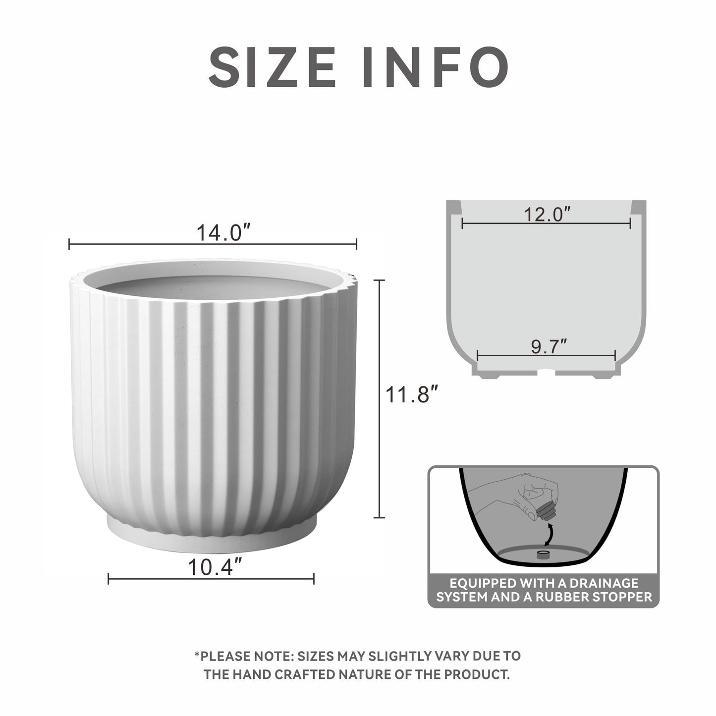 Kante Round Fulted Planter, 11 Inch Dia Large Concrete Plant Pots with Drainage Hole and Rubber Plug, Modern Decor for Indoor Outdoor Plants, Flower, White