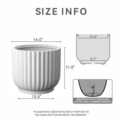 Kante Round Fulted Planter, 11 Inch Dia Large Concrete Plant Pots with Drainage Hole and Rubber Plug, Modern Decor for Indoor Outdoor Plants, Flower, White