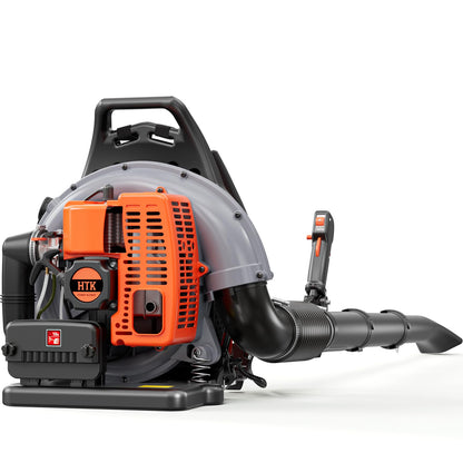HTK Backpack Blower, 63CC Gas Powered Leaf Blower with 665 CFM & 205 MPH for Commercial Lawn Care, Yard Debris & Snow Removal (Orange)