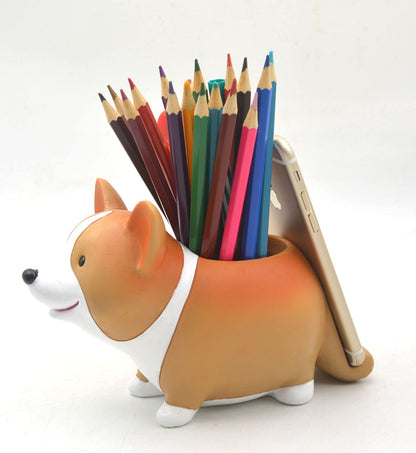 Cute Desk Accessories Corgi Pen Pencil Holder with Phone Stand Home Office School Desk Decor Corgi Gift Art Figurines Home Living Room Aesthetic Floating Shelf Coffee Table Bathroom Counter Decor