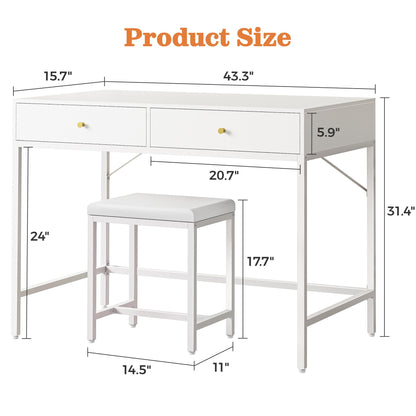 SUPERJARE 43-inch White Desk with 2 Drawers and Padded Stool, Modern Makeup Vanity & Computer Desk with Storage for Home Office, Bedroom Study