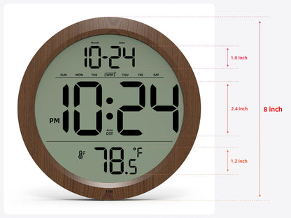 Digital Wall Clock with Date, Indoor Temperature, Auto-DST, Battery-Operated Digital Clock, 8 Inch Small Decorative Wood Wall Clock for Bedroom, Living Room, Kitchen, Office, Modern, Electric, Simple