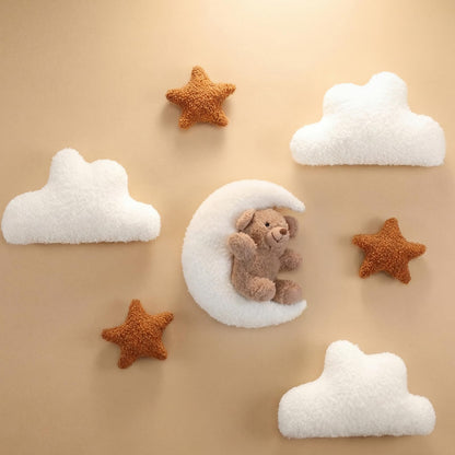 Chumia 7 Pcs Teddy Bear and Moon Wall Decor Nursery Wall Art with Clouds Stars Soft Plush Baby Room Decor Gender Neutral for Bedroom Decoration (Ivory Caramel)