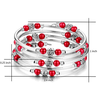 BULINLIN Wrap Bangle Rose Bead Bracelet - Beaded Bracelet with Natural Agate Stone Gifts For Women(01-Red pearl)