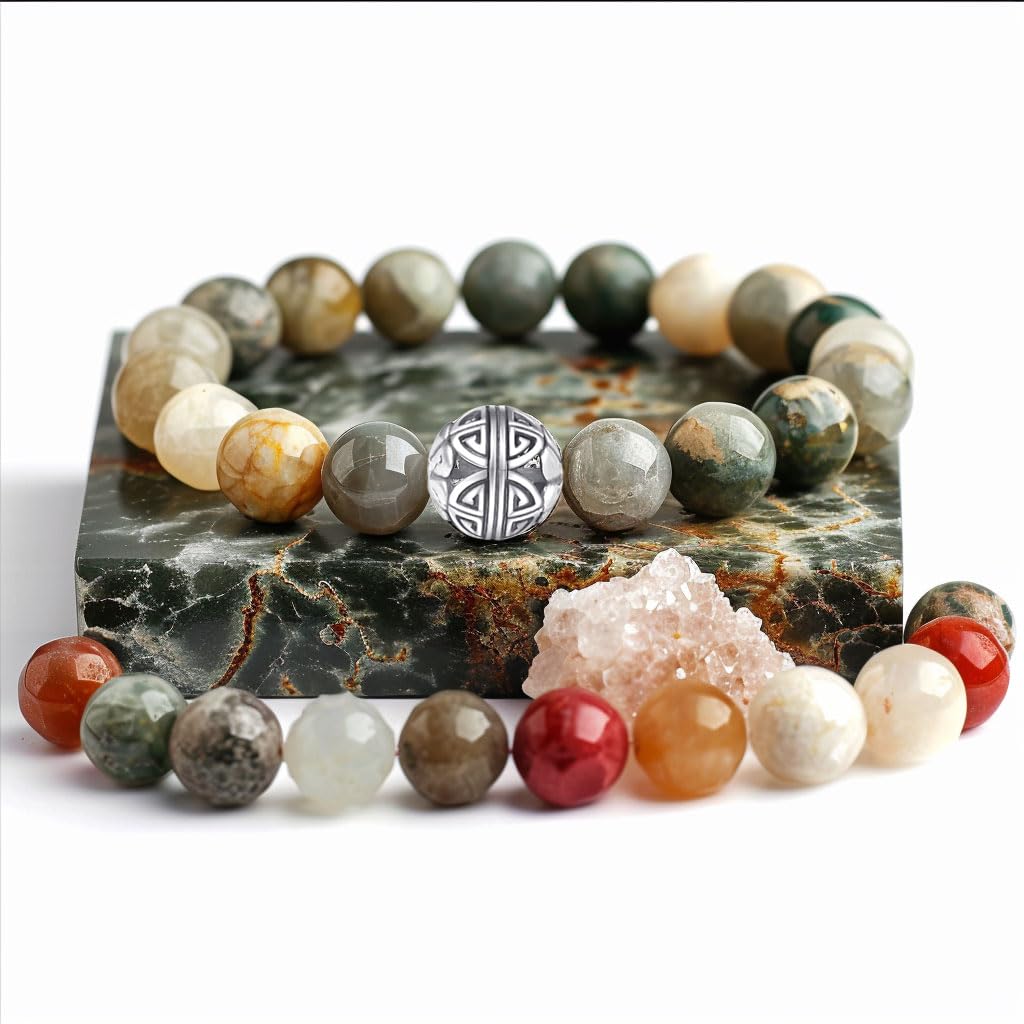MetJakt Healing Crystals Beaded Bracelets for Womens Natural Gemstone 8mm Beads Stretch Bracelets with 925 Sterling Silver Double Happiness Pendant (African blood stone)