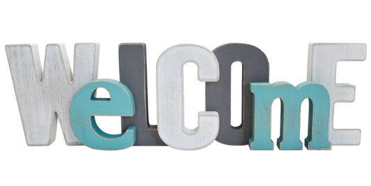 Welcome Wood Signs in Grey Teal White Multicolor - Farmhouse Rustic Freestanding Home Letter Decor for Shelf Mantel- 3D Thick Retro Welcome Wooden Stacking Letters 16x5 Inches