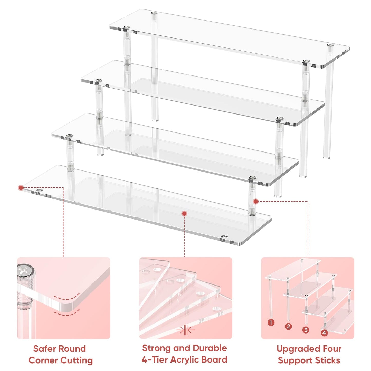 4 Tier Acrylic Display Risers, Clear Perfume Organizer Stand, Large Cupcake Stand Holder, Dessert Display for Party, Display Shelf for Figure and Collection, Riser Stand for Decoration and Organizer