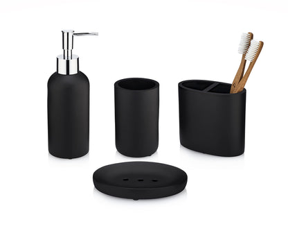 Essentra Home Matte Black Collection 4-Piece Bathroom Accessory Set. Includes: Soap Dispenser with Chrome Pump, Toothbrush Holder, Tumbler and Soap Dish