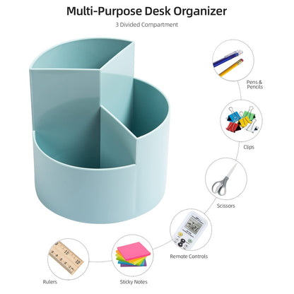 EDENMS Desk Pencil Pen Holder, 3-Slot 360 Spinning Desk Organizer, Cute Pencil Cup Pot for Office, School, Art Supply - Blue