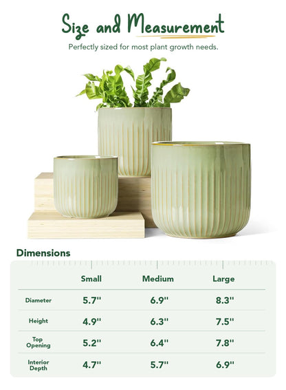 LE TAUCI Ceramic Pots for Plants, 8.3/7/6 Inch Indoor Planters with Drainage Holes & Mesh, Modern Glossy Glaze Cylinder Fluted Plant Pot for Snake Plant, Set of 3, Sage Green