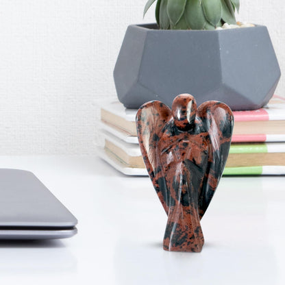 "Mahogany Obsidian Gemstone Guardian Angel Healing Crystal, Hand Carved Pocket Angel Figurine - Handmade Mini Statue for Love, Peace & Healing, Crystals for Positive Energy, Natural Gemstone Figurine"