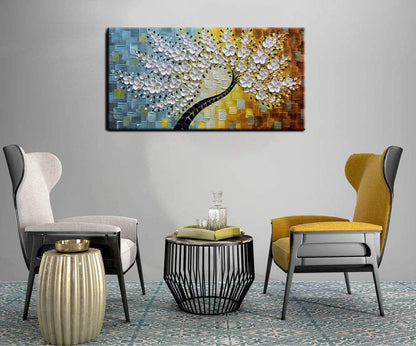 YaSheng Art - Wall Art Oil Painting ,100% HandPainted 3D Texture Wall Art Artwork White Flower Tree Paintings ,Abstract Canvas Wall Art ,Bedroom Dining Room Living Room Modern Wall Art Decor Home , Framed Wall Art Picture 24x48inch