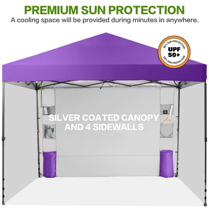 Tunbne 10X10 Comercial Pop Up Canopy Tent with 4 Sidewalls and 6 Pockets, One Push Setup Center Lock, for Beach Patio Outdoor, Case, 8 Stakes, 4 Ropes, 4 Sandbags (Purple)