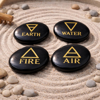 Crocon 4 Elements Black Tourmalinetones Round Shape Engraved Triangle Symbols (Earth Air Fire Water) Polished Palm Stones for Gemstone Reiki Crystals and Healing Stones Meditation Divination Gifts