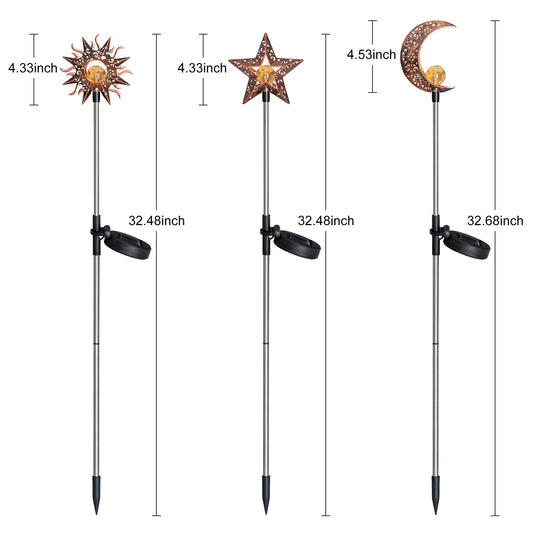 Solar Garden Stake Lights, Moon Sun Star Yard Decorations Outdoor 3 Pack Solar Garden Decor for Lawn, Pathway, Flower Bed, Memorial Garden, Patio Outdoor Gifts for Mom, Loved Ones