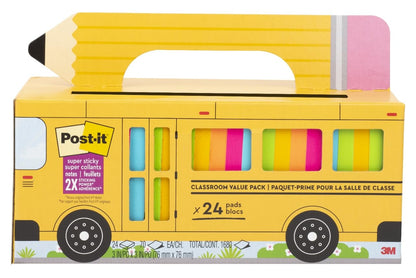 Post-it Super Sticky Notes, 24 Sticky Note Pads, 3 x 3 in, School Supplies, Office Products, Notes for Vertical Surfaces, Monitors, Walls and Windows, Bus Cabinet Pack