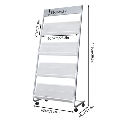 Vmsiuory 4-Layer Iron Magazine Rack with Wheels, Newspaper Rack, Display Rack, Silver (63)