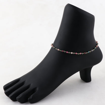 JOR Natural Multi Tourmaline Beaded Rosary Anklet, Handmade Craft, Anklet Beads Bracelet, Chakra Healing Anklet, Gemstone Women Jewelry, Dainty Gold Plated Anklet 9 inch + 1.5 inch (1pcs)