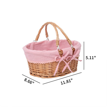 Small Wicker Basket with Removable Pink Liner, Willow Storage Basket for Gifts with Double Handles, Easter Basket,Wedding,Egg Gathering,Pink