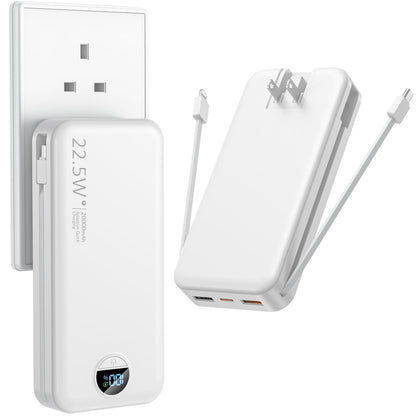 Ffnpua Portable Charger with Wall Plug, 20000mAh USB C Power Bank Fast Charging, External Battery Pack with Built in Cables, Digital Display, 5 Output 2 Input for iPhone Android Cell Phone Tablet