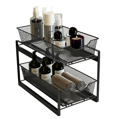 IBERG 2 Tier Bathroom Organizer with Pull Out Drawer, Under Sink Storage Organizer for Kitchen Cabinet, Metal Sliding Basket (Black)
