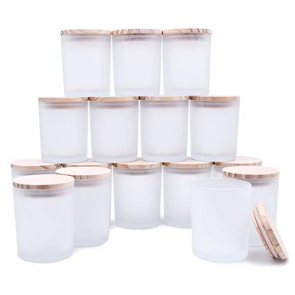 SHOWIN Thick Candle Jars for Making Candles 16 Pcs, 7 OZ Empty Jars with Wood Lids for Candle Making, Sample Container, Frosted White