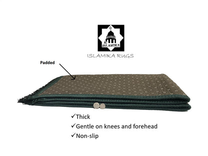 Prayer Rug Muslim Mat Islamic - Thick Large Padded Sajadah for Kids Men Women with Islam Prayer Beads for Eid Travel Ramadan, Soft Luxury Great for Knees and Forehead(Green)