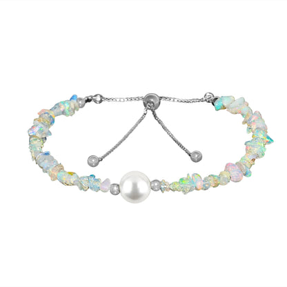 Crystals for Calm - Natural Ethiopian Opal Beads Slider Bracelet with Elegant Pearl, High Grade Nuggets Crystal, Chakra Healing Gemstone, Gift Giving Women Jewelry, Silver Plated Slider 10 inch