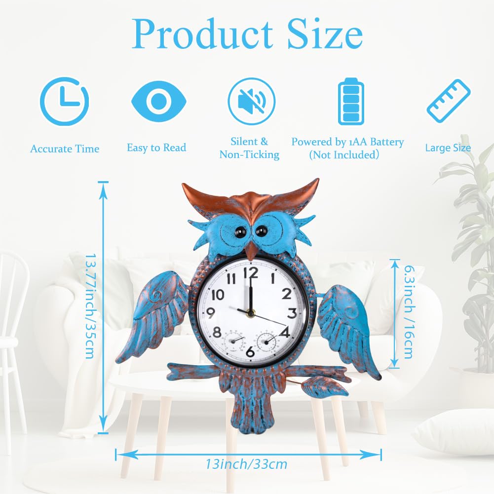 HOBYLUBY Outdoor Clock Silent Non-Ticking, Outdoor Wall Clocks with Thermometer & Humidity, Quartz Clocks Waterproof Decor for Patio Garden Living Room（Blue Owl）