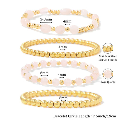 MORIANCE Rose Quartz Bracelet for Women Rose Quartz Crystal Jewelry Gold Bracelets for Women Stack Gold Bead Bracelets Pink Beaded Crystal Gemstone Bracelet