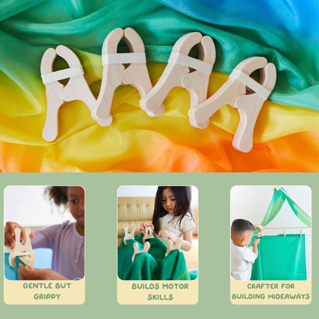 Sarah's Silks 4 Pack of Wooden Play Clips for Kids | Montessori and Waldorf Toys for Fort Building, Imaginative, and Pretend Play
